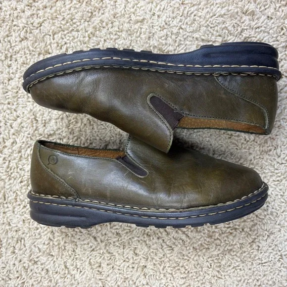 Born Womens Olive Green Leather Slip On Comfort Loafers Shoes Size 7 38 M - Picture 3 of 7
